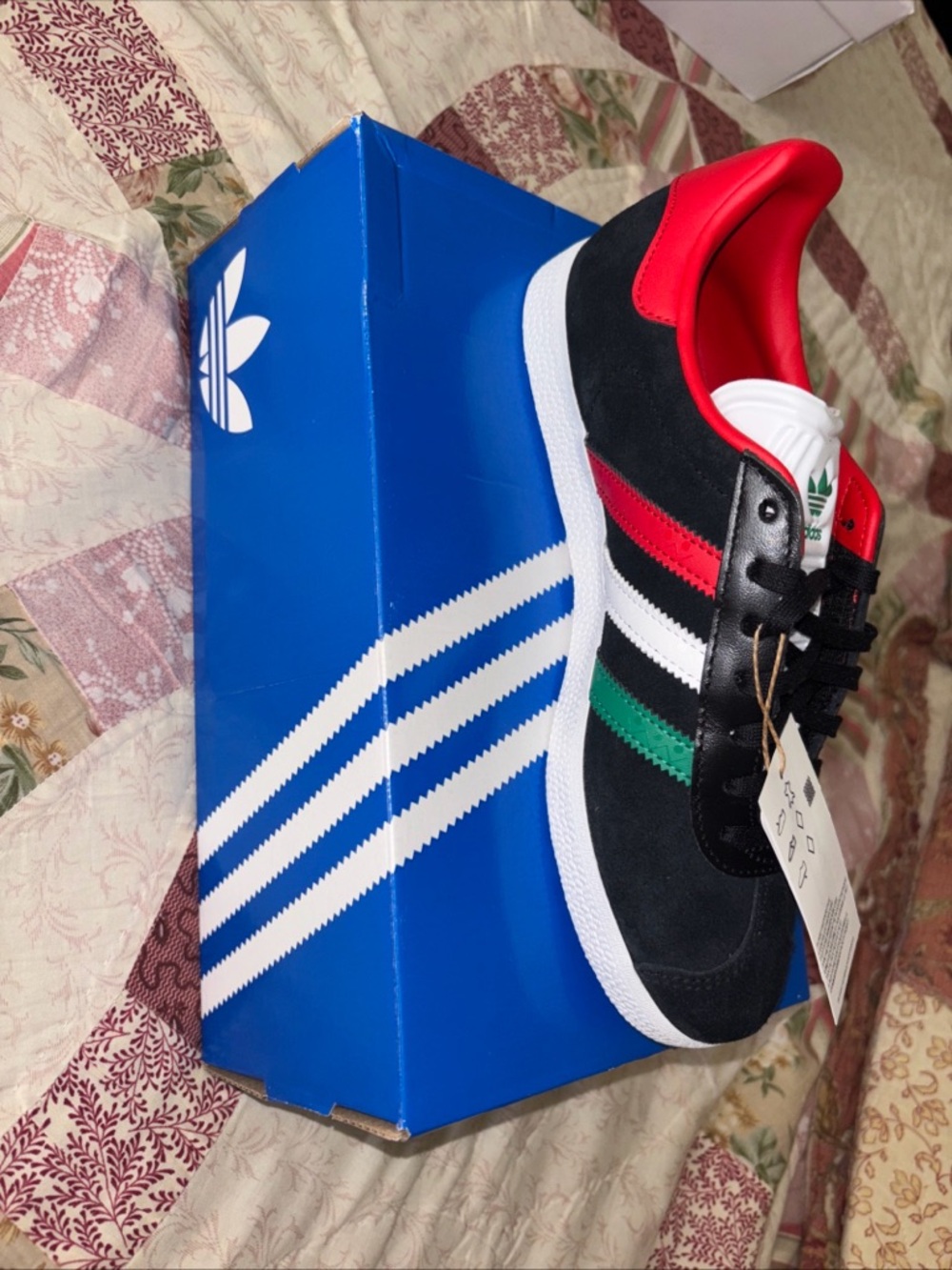 Adidas Classic Black Suede Sneakers with Red & Green Stripes
